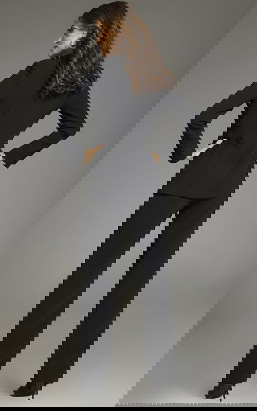 Back view of Jovani 39726 black outfit, highlighting the tailored fit of the blazer.