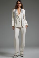 Model wearing Jovani 39726 ivory pant suit with silver embellishments, alternate front view.