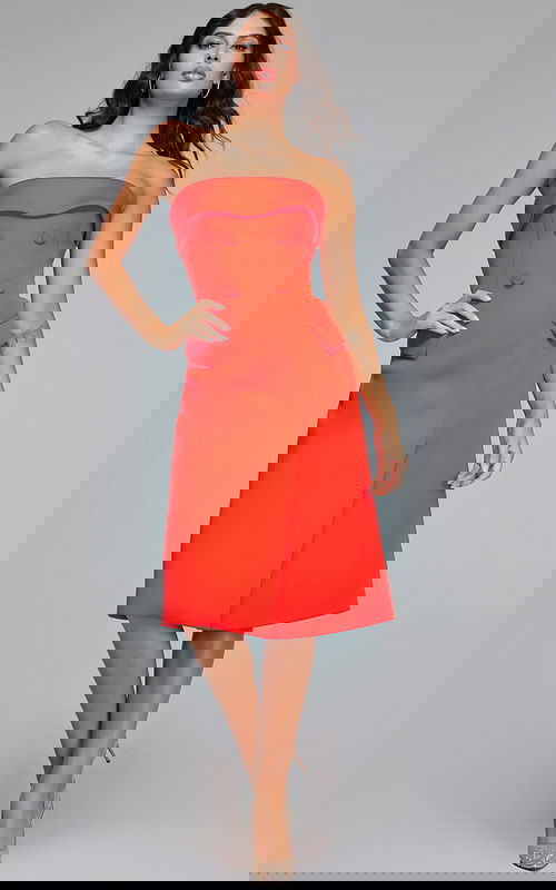 model wearing Jovani 39743 orange dress front view