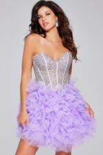 Model wearing Jovani 39748 lilac dress with sequined bodice and tulle skirt, front view