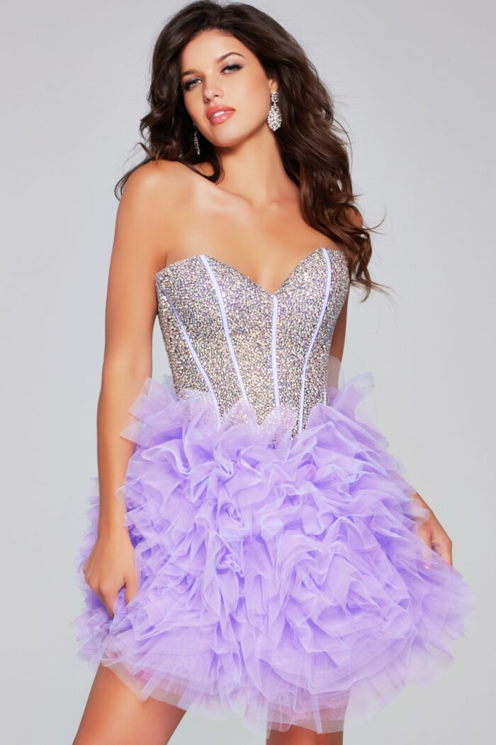 Model wearing Jovani 39748 lilac dress with sequined bodice and tulle skirt, front view