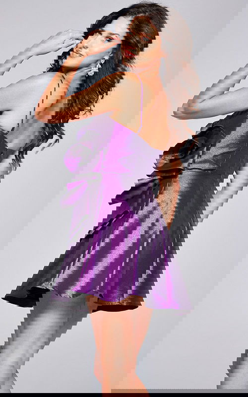 Model showing Jovani 39749 purple mini dress back view