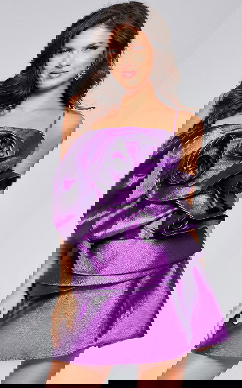Model wearing Jovani 39749 purple mini dress with floral detail front view
