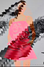 Model wearing Jovani 39750 red dress with floral applique and straight neckline, front view.