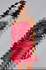 Model in Jovani 39750 red dress showing full front view with floral details.