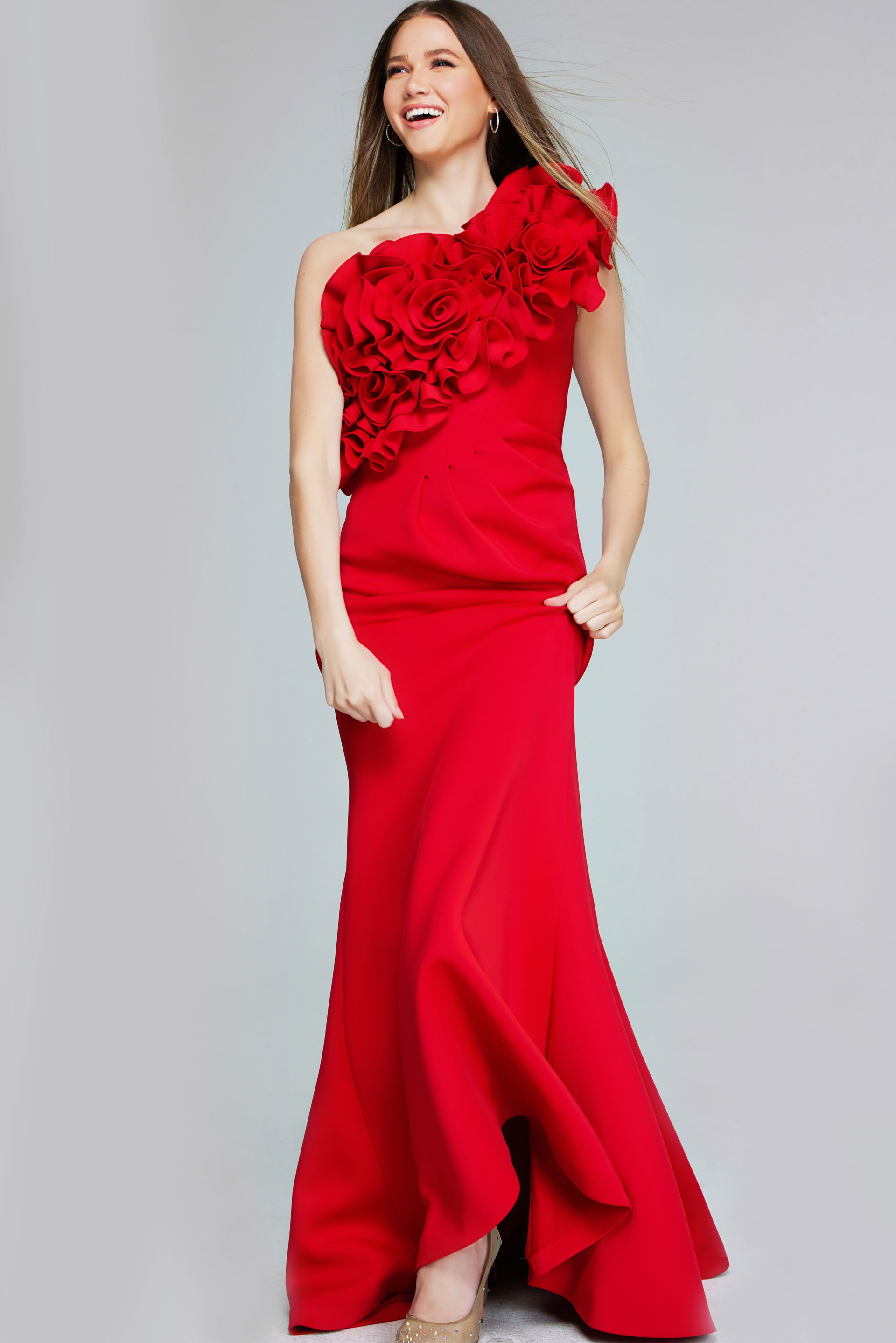 39751-RED-201.jpg Model wearing Jovani 39751 red gown with ruffled one-shoulder neckline