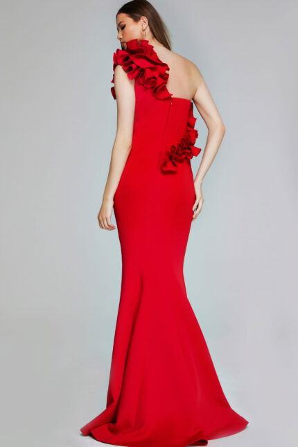 Back view of model wearing Jovani 39751 red gown with ruffled decorations