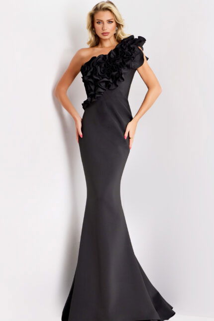 Elegant black evening gown with 3D ruffle details