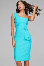 Model wearing Jovani 39775 blue dress with asymmetric neckline, front view