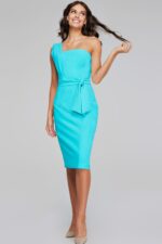 Model wearing Jovani 39775 blue dress with asymmetric neckline, full front view