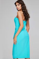 Model wearing Jovani 39775 blue dress showing back and side view