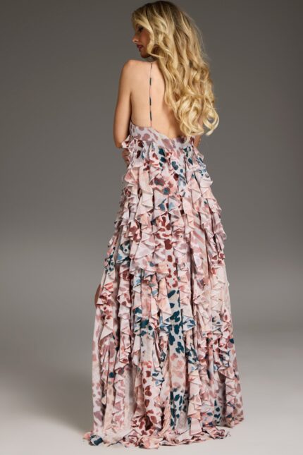 Model wearing Jovani 39822 print dress, featuring a back view with cascading ruffles.