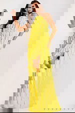 Yellow halter gown with cascading chiffon ruffles