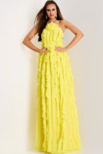 Ruffled yellow dress with high slit and soft flow