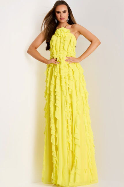 Ruffled yellow dress with high slit and soft flow