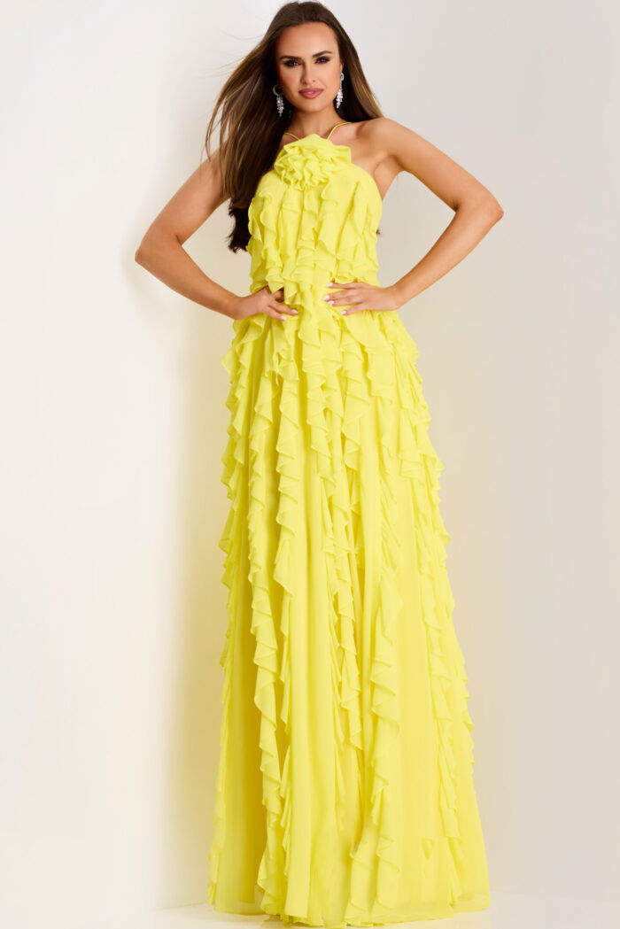 Ruffled yellow dress with high slit and soft flow