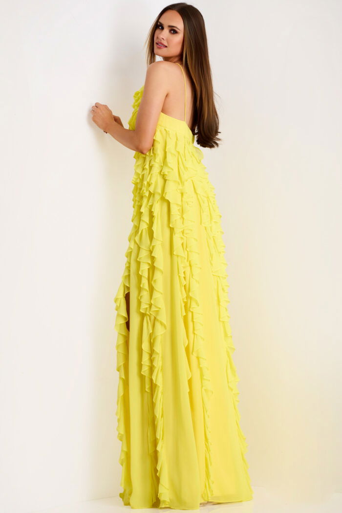 back of yellow ruffled dres