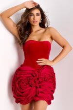 Strapless red velvet mini dress with rose detailing