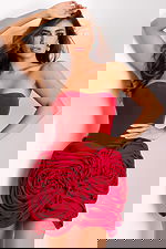 Strapless red velvet mini dress with rose detailing