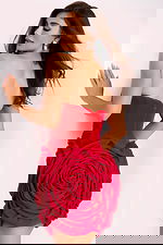 Back view of red mini dress with large rose design