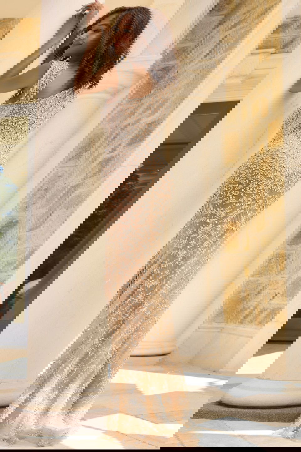 Sleeveless Embellished Gown with High Slit and Square Neckline