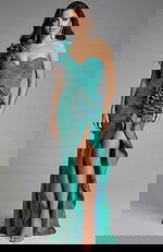 green high slit one shoulder dress with rosette detail 39851