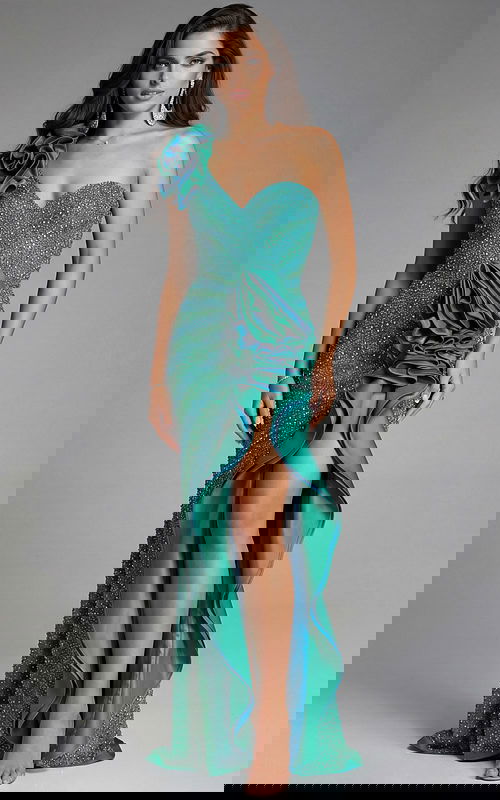 green high slit one shoulder dress with rosette detail 39851