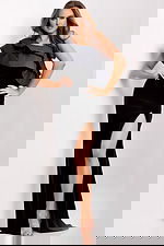 ruffled neckline high slit black dress 39887