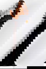 Back of black velvet formal gown with strapless back design