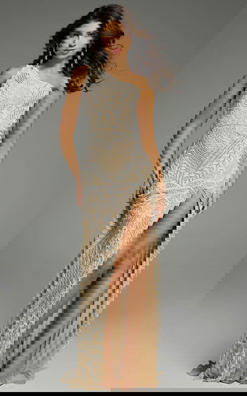 One-shoulder embellished gown with intricate beadwork