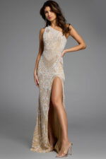 nude and white one shoulder dress 39895