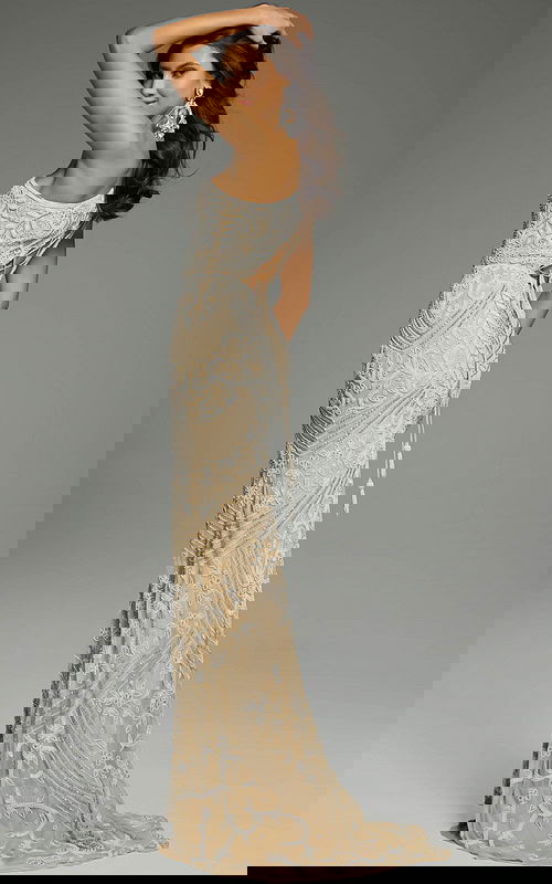 Side view of an intricately beaded one-shoulder gown