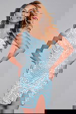 Chic Jovani 39896 mini dress in Blue with intricate patterns.