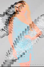 Model wearing Jovani 39896 mini dress in Blue with intricate lace design.