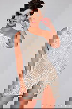 Front view of Jovani 39896 mini dress in Nude with detailed lace.