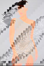 Back view of Jovani 39896 mini dress in Nude, featuring lace-up details.