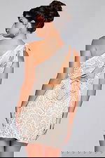 Model wearing Jovani 39896 mini dress in Blue with decorative lace.