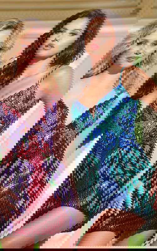 models wearing Jovani 39907 sequin mini dresses with intricate designs