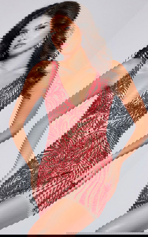 Model wearing Jovani 39908 short beige dress with red sequins, front view.