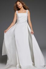 Model wearing Jovani 39921 elegant floor-length white gown with square neckline and embellished straps