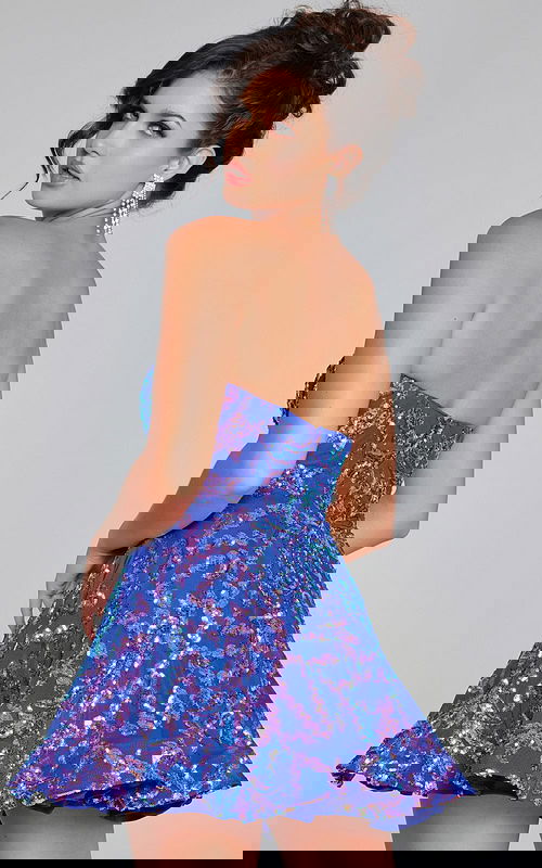 Model showing back of Jovani 39927 navy mini dress with sequins