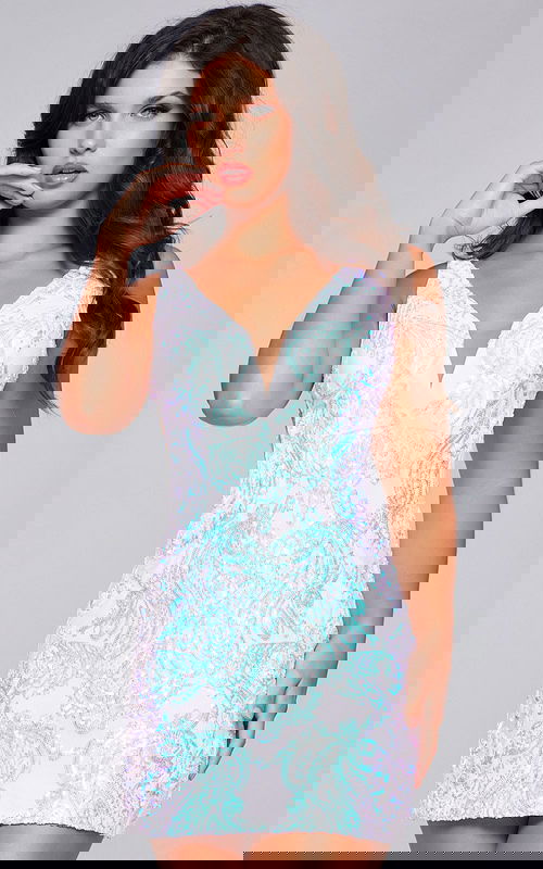 Model wearing Jovani 39937 with a white sequined mini dress, featuring a deep V-neckline.