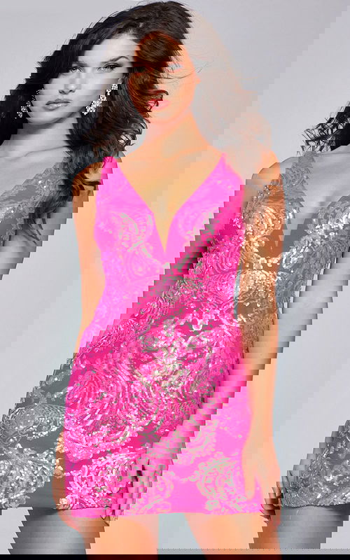 Model wearing Jovani 39937 with a fuchsia sequined mini dress, featuring a deep V-neckline.