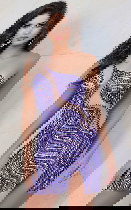 Model wearing Jovani 39942 multi-color cocktail dress with an asymmetrical neckline and intricate embellishments.