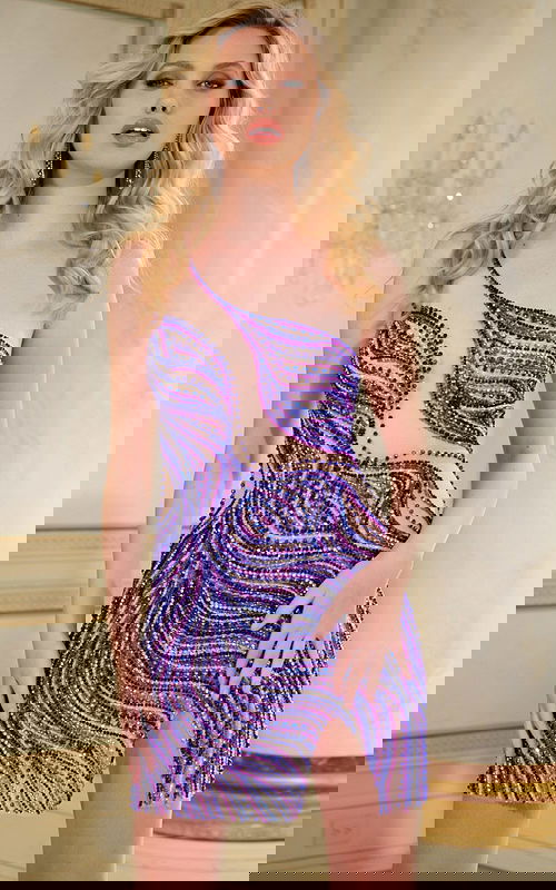 Model wearing Jovani 39942 in multi-color, front view.