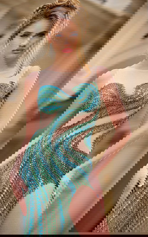 Model wearing Jovani 39943 green gown, close-up of front details.