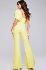 Model wearing Jovani 39961 yellow one-shoulder jumpsuit with wide-leg pants, another back view.