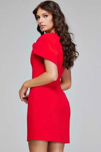 model wearing Jovani 39972 red dress showing back view