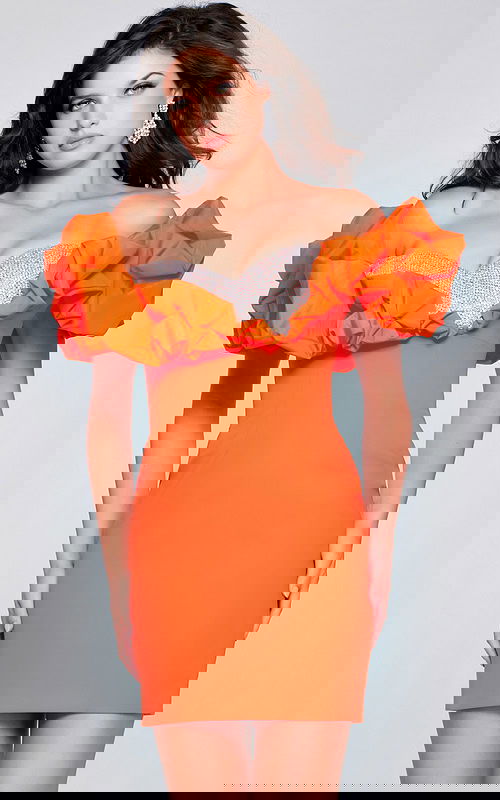 Model wearing Jovani 39985 dress with crystal bodice and ruffled sleeves.