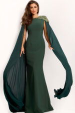 Hunter green gown with crystal shoulder detailing and chiffon cape